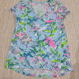 Lilly Pulitzer Etta V Neck Shirt Top Cotton XXS Sway This Way Fish Floral Excel